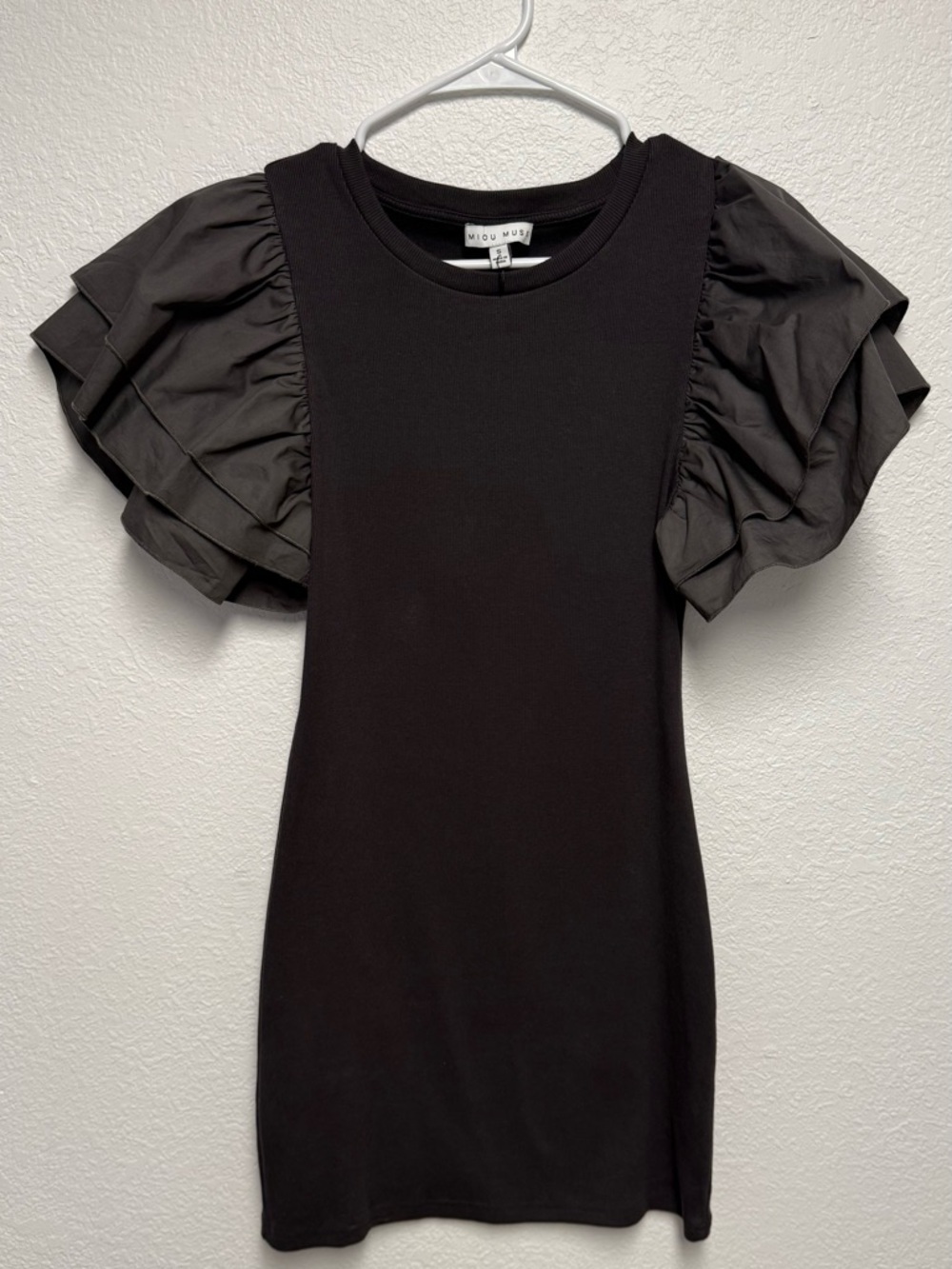 Miou Muse Ribbed Mini Dress Black Ruffle Sleeve Bodycon Size Small